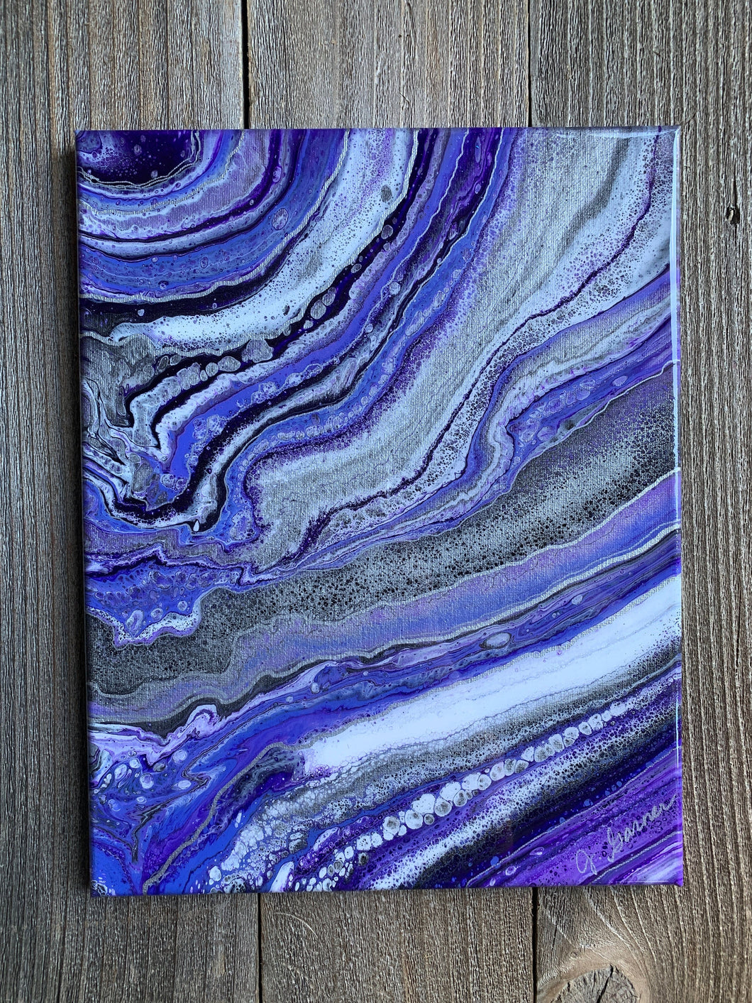 Acrylic Pour Painting 11x14 Finished in Resin Purple and Silver