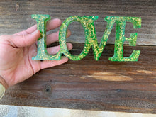 Load image into Gallery viewer, Green and Gold Leaf Resin LOVE

